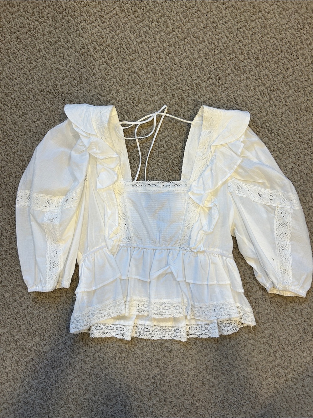 White Ruffle Lace Peasant Blouse with Tie Back - Picture 2 of 4